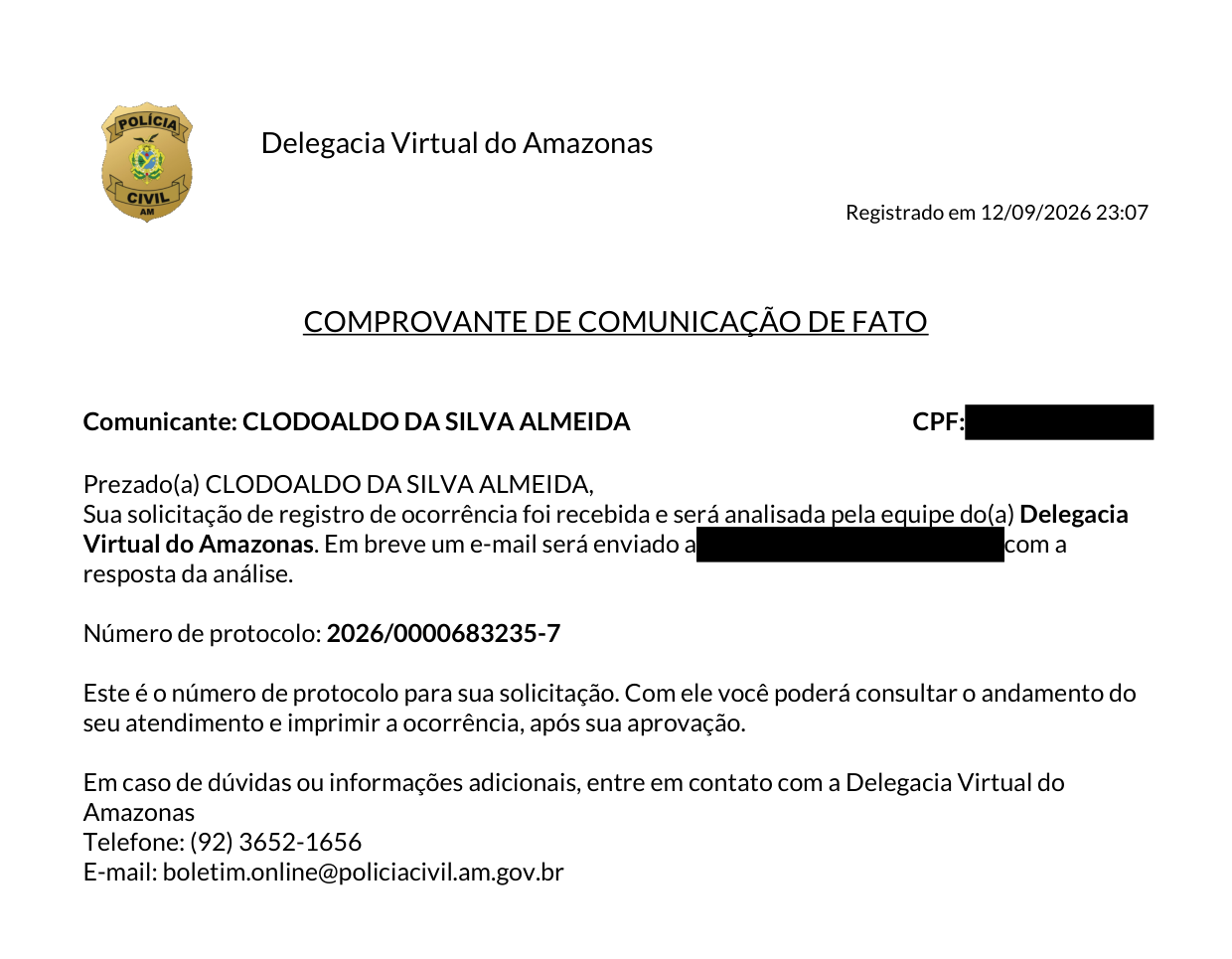 Comprovante de comunicação de fato, protocolo 2026/0000683235-7